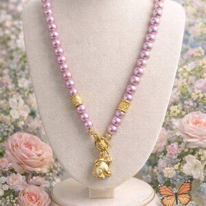 Pink Pearl Statement Necklace with Gold Charm – Feminine Spring Jewelry – Elegan